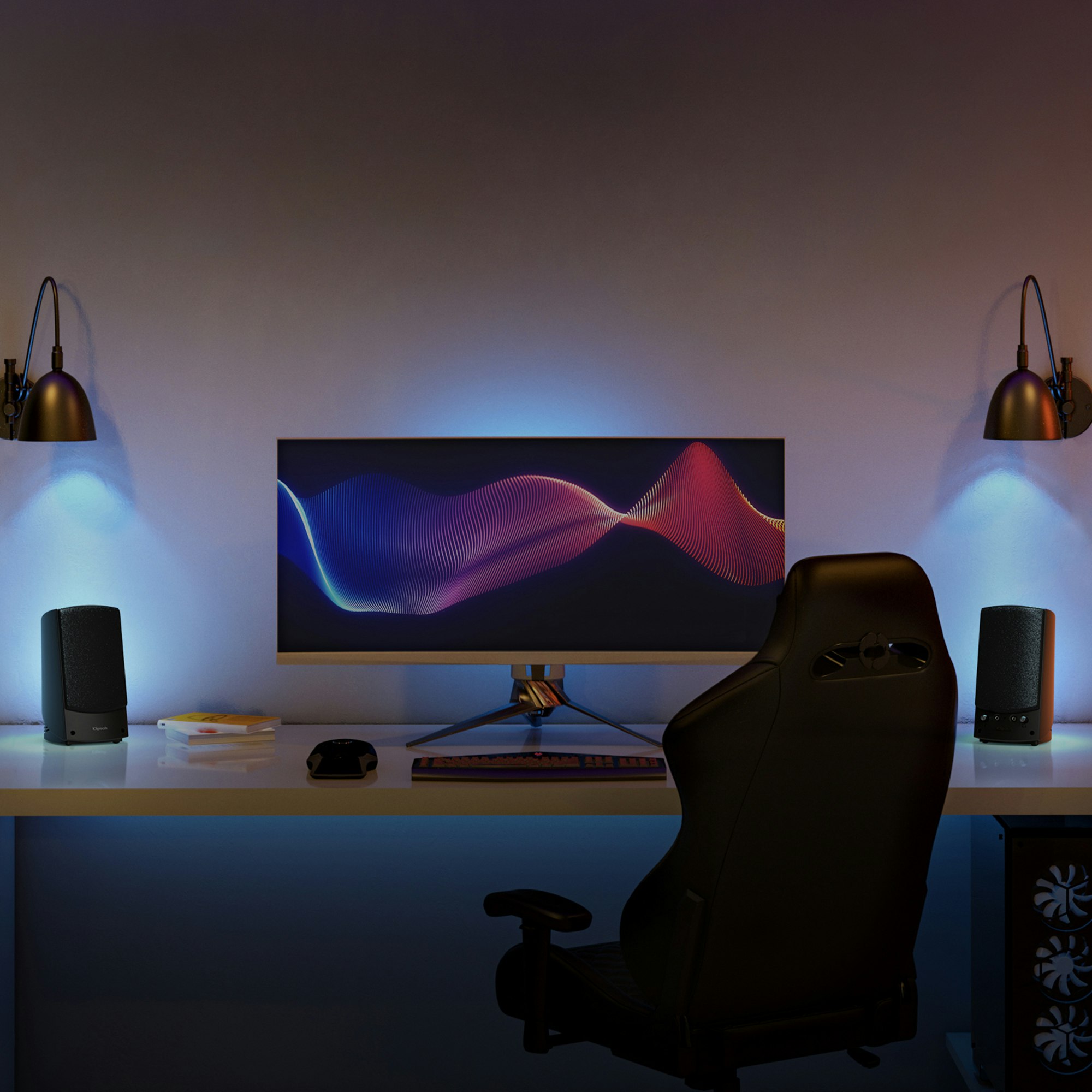 ProMedia 2.0 on a computer desk under wall sconce lights